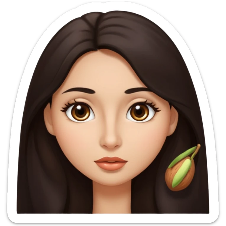 morena, olhos mais rasgados, cabelo liso e comprido, mais volumoso sinal em forma de circulo do lado direito da bochecha, nariz grande e bonito e boca menor sticker