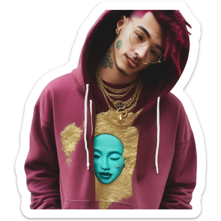 Vintage grunge patina intricate swirls gold jewellery baroque golden sparkle tropical Deep pink maroon burgundy cyan dark hoodie man dyed hair gold piercings nose piercing ear piercings sticker