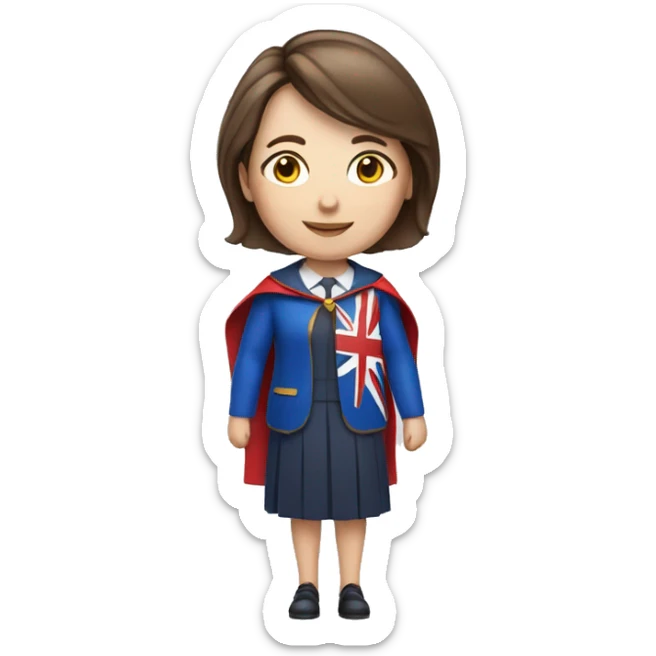 superhero female headteacher with short straight brown hair and blue dress and union jack cape  sticker