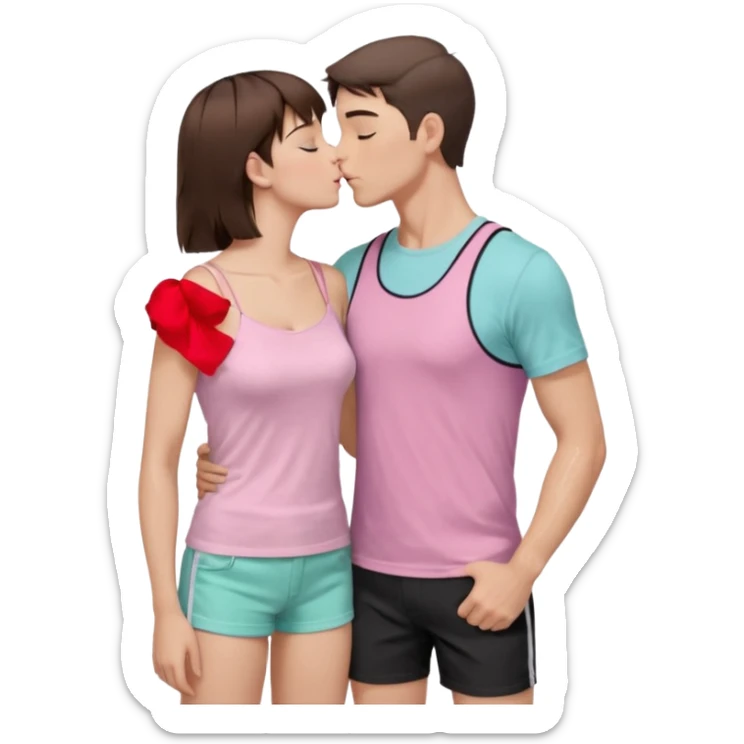 A couple, mid-20s, standing close and kissing. Man: short brown hair, clean-shaven, wearing a plain pastel pink t-shirt and dark shorts. His left arm is wrapped around the woman’s waist. Woman: long straight brown hair, wearing a black sleeveless glittery top with thin straps and a black skirt.  sticker