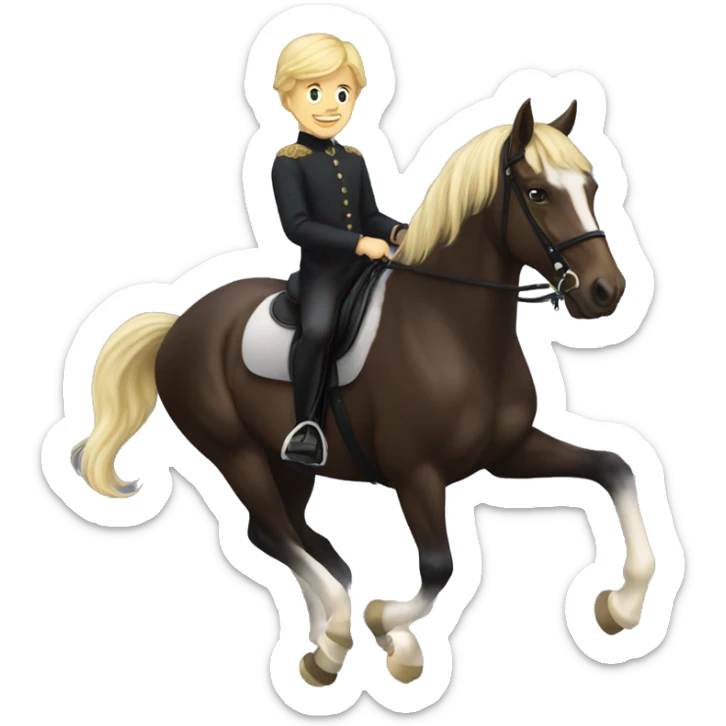 A blonde boy riding a dark bay dressage horse sticker