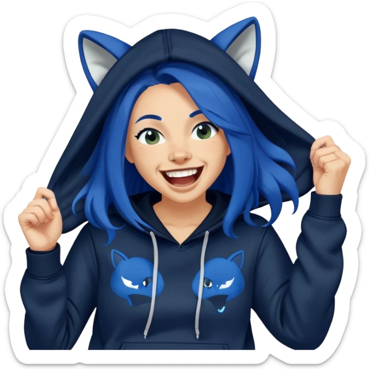 White 30 year old woman with long dark blue hair laughing hysterically wearing a black hoodie with a PUMA logo sticker