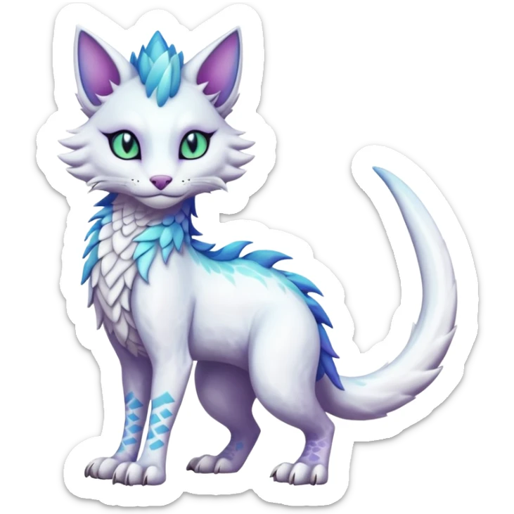Kawaii white iridescent edgy fantasy feline-vernid-sergal-fursona animal creature with a tufted tail full body with intricate markings  sticker
