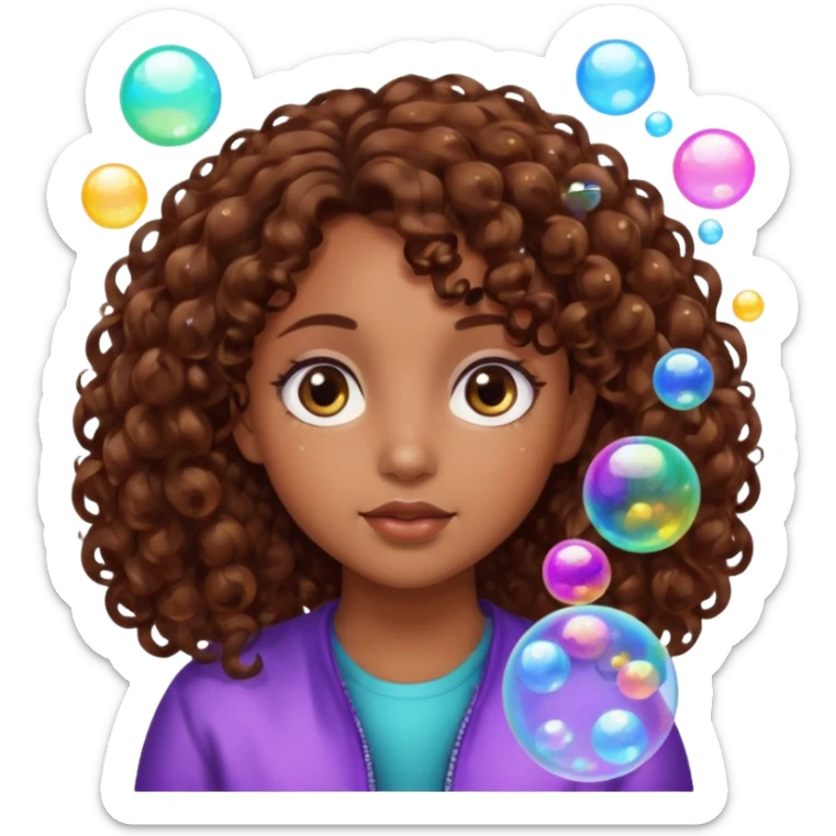girl with brown curly hair in a side part with big brown eyes looking off to the side with bubbles on both sides of her sticker