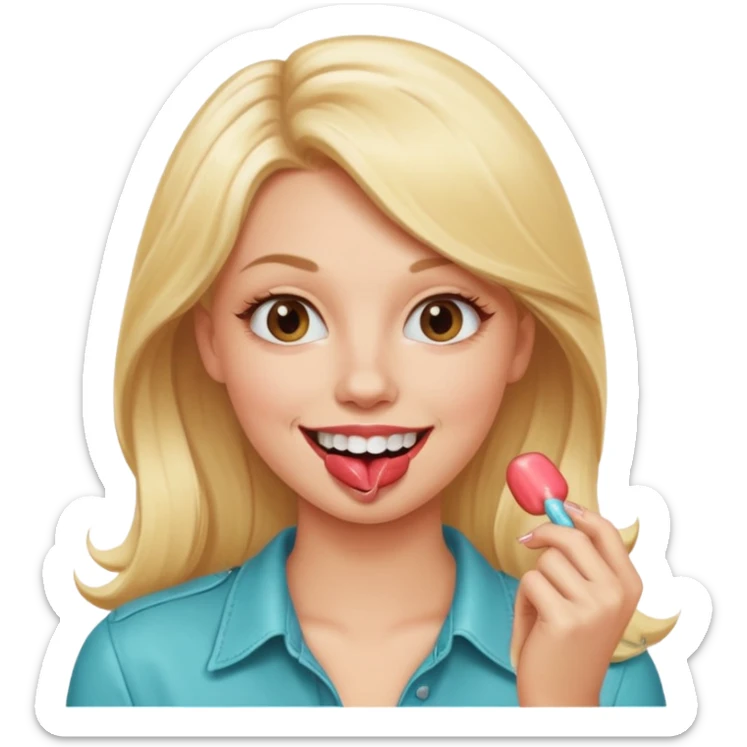 Elle fais une peu petasse, elle se mord le coin la lèvres. Elle est blonde. Ongles vernis marrons. Elle mâche un chewing-gum  sticker