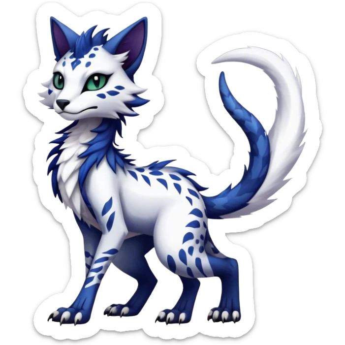 Kawaii dark edgy fantasy feline-vernid-sergal-fursona animal creature with a tufted tail full body with intricate markings.   sticker