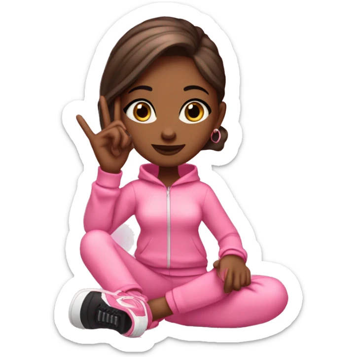 Girl emoji: pink tracksuit, hoop earrings, pink lips, lashes, nails. Poses: peace sign, nails, phone, arms crossed. full body stnding legs plus shoes sticker