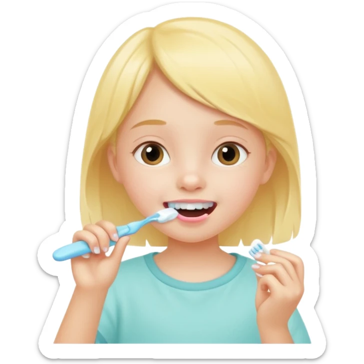 little girl brushing her teeth, pastel portrait, bright nourishing morning atmosphere, soft focus sticker