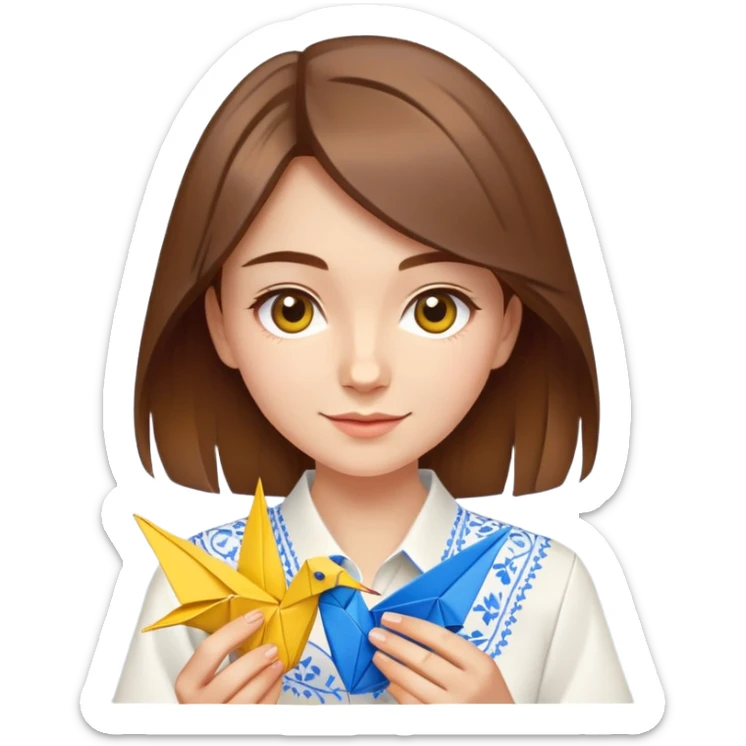A happy Ukrainian young girl with brown hair in a white embroidered shirt making an origami crane in yellow and blue colors sticker