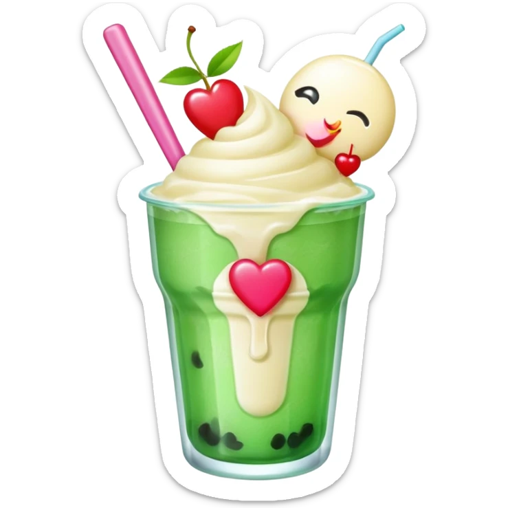 Cute emoji-style illustration of a green soda float with ice, vanilla ice cream scoop, two red cherries, pink heart-shaped straw, simple shapes, bright colors, glossy, kawaii style, centered, transparent background
 sticker