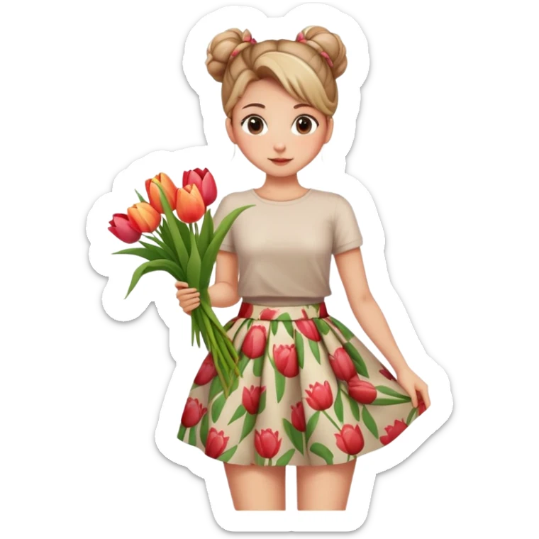 A girl with a messy bun, and a floral print skirt, holding a bunch of tulips. sticker