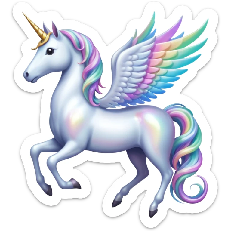 Cinematic Noble Unicorn with wings, slender with a flowing mane and tail and spiraled horn sticker