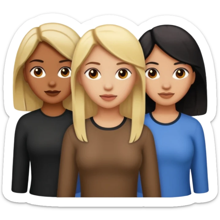 3 girls. 1 light skin with blonde hair 1 brown skin with black hair and 1 tan skin with brownish/red hair sticker