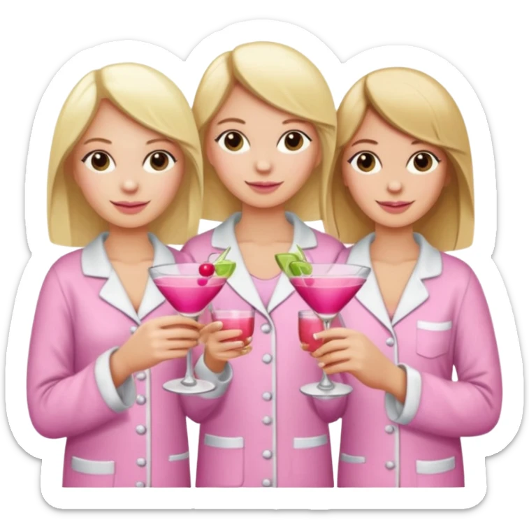 Three white-skinned friends (one with blonde hair and the other two with brown hair) toasting with pink cocktail glasses and wearing pajamas sticker