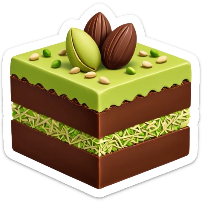 cartoon-style Dubai chocolate with a bite, green pistachio kataifi filling (shredded pastry and pistachio) visible, playful and bold colors sticker