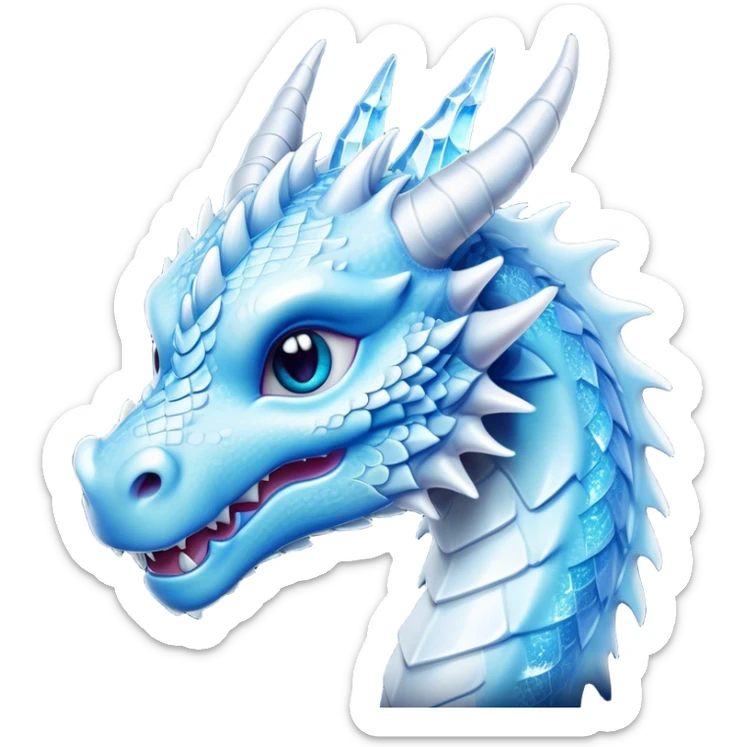 Cinematic Cute Beautiful Ice Dragon Portrait Emoji, Head tilted playfully and inquisitively, featuring a sleek, glacial form with intricately detailed, frost-kissed scales in shimmering blues and sparkling silver, accented by delicate ice crystal patterns and a gentle, enchanting glow; rendered with lifelike clarity and soft, natural light, high shine, charming and cool, styled with a touch of wintry fantasy, soft glowing outline, capturing the essence of a mischievous yet endearing ice guardian poised to twirl playfully into your dreams! sticker