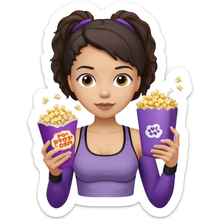 Brunette light skin girl with completely black sports bra and grey sweatpants on her phone while eating popcorn from a purple popcorn bag sticker