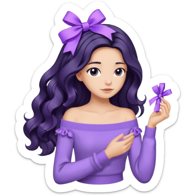 Girl with black wavy long hair and a ribbon hair clip beside it make it look like wearing a lavender off shoulder sweater make its hair stay in the back sticker