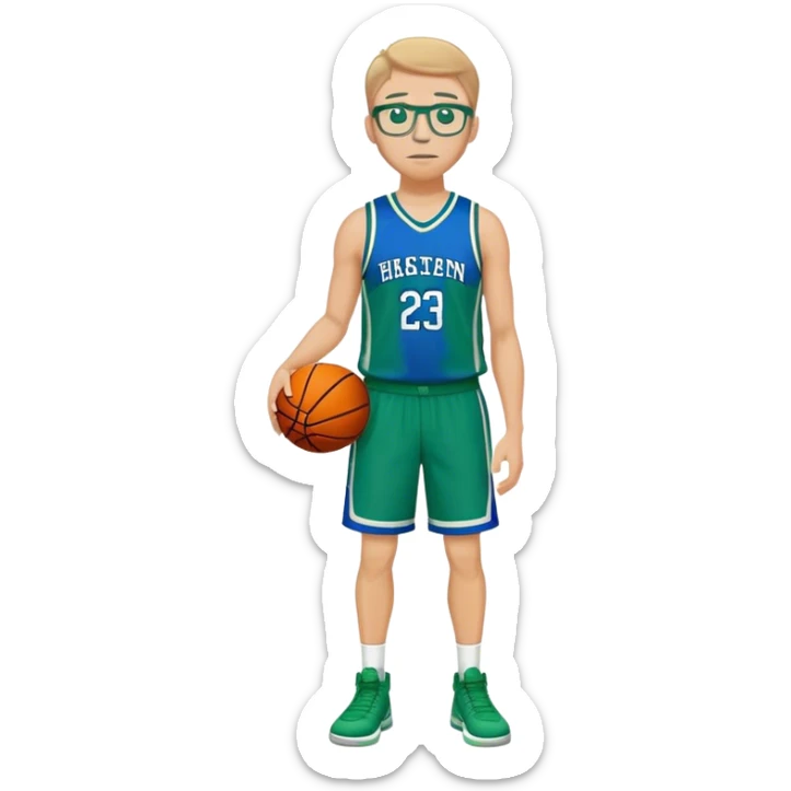 full body white male basketball wearing glasses in blue an green uniform sticker