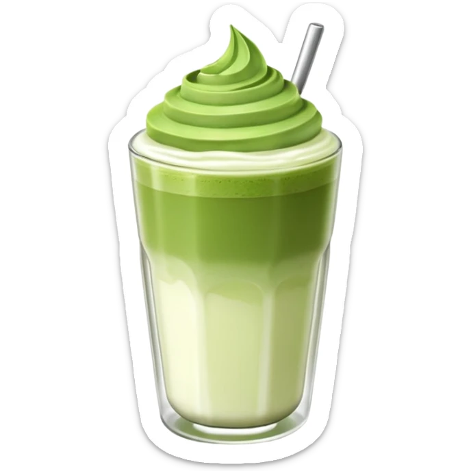 Matcha latte glossy 3D en vaso de vidrio minimalista, realista, estilo sticker, sin cara ni rasgos humanos, capas matcha y leche suaves, espuma ligera arriba, reflejos sutiles, fondo transparente. sticker