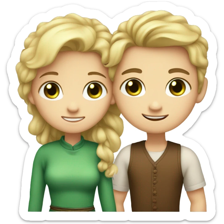 A boy with blond hair and blue eyes and a girl with brown hair up to the waist and green and hugging eyes sticker