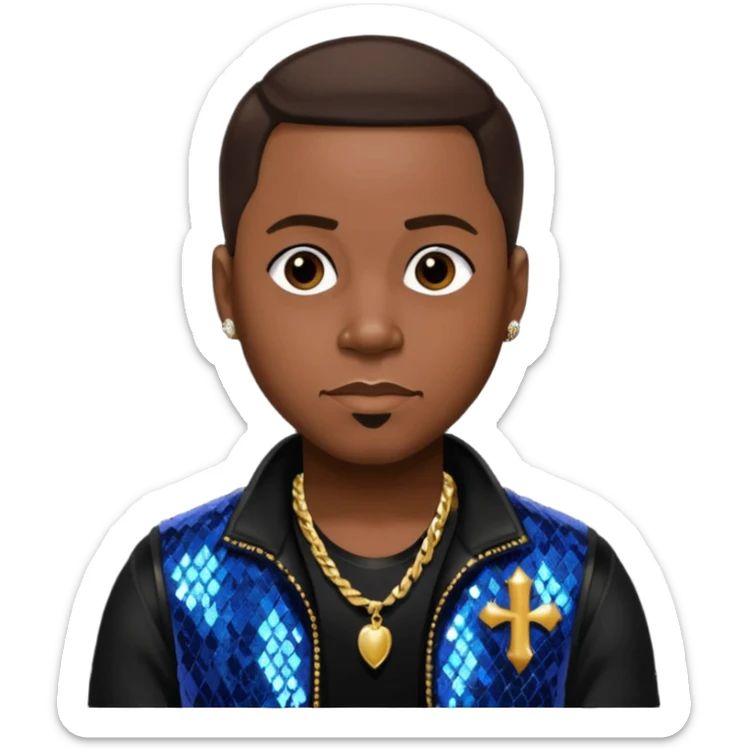 Woody from Dru Hill with dark brown hair, black sequin outfit, dark skin sticker