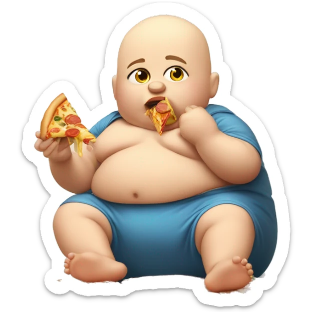 Fat bald baby eating a lot of McDonald’s and pizza sitting in a pile of unhealthy food sticker