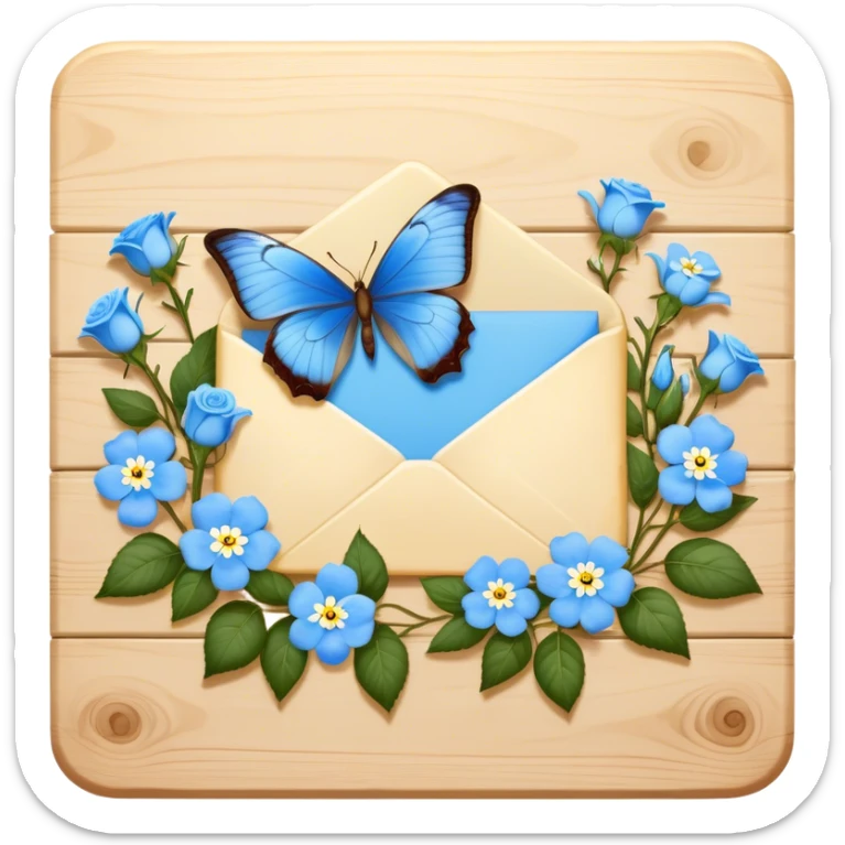 An intimate vignette of a golden wax-sealed letter placed on a vintage wooden desk, with a pair of blue butterflies hovering around a bouquet of soft ivory roses and baby blue forget-me-nots. sticker