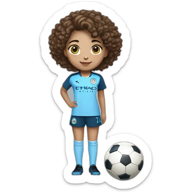 girl with short curly brown hair and eyes wearing Manchester City football shirt standing with a soccer ball sticker