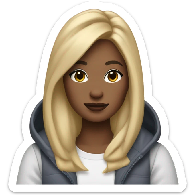 IT-girl with blond hair working at the MacBook, wearing AirPods Max sticker
