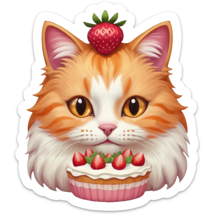 Close-up portrait of a fluffy cat eating a strawberry cake, pink cream on its nose and whiskers, detailed fur texture, soft natural light, shallow depth of field, high resolution, cute and candid moment
, sticker