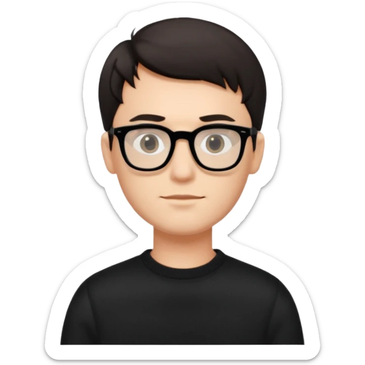 crea un uomo con i capelli corti scuri, occhiali da vista neri rettangolari e un maglione nero sticker