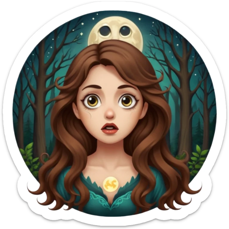 shocked forest mystic woman long wavy brown hair tattoos wide eyes moon glow sticker