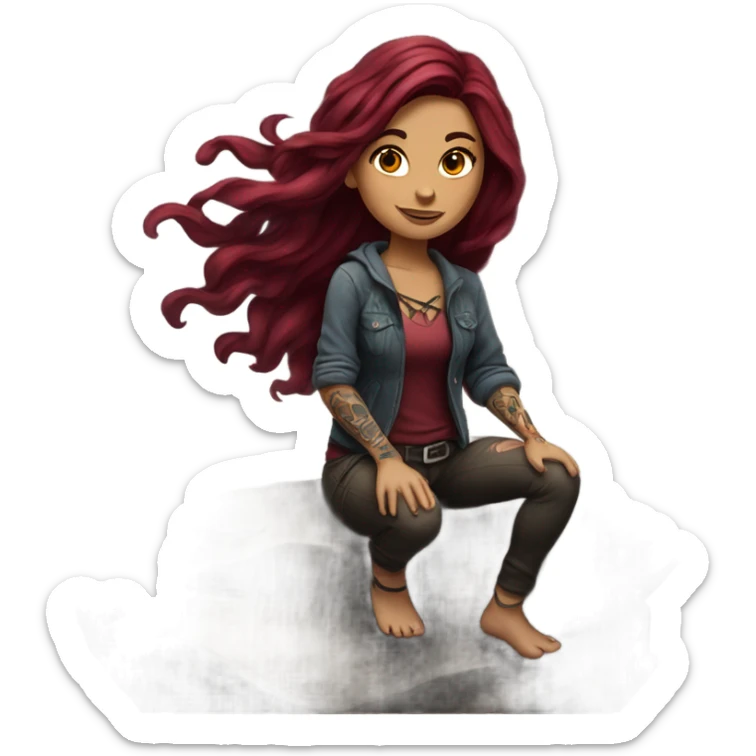 Beautiful tattooed woman long burgundy hair climbing rocks sticker