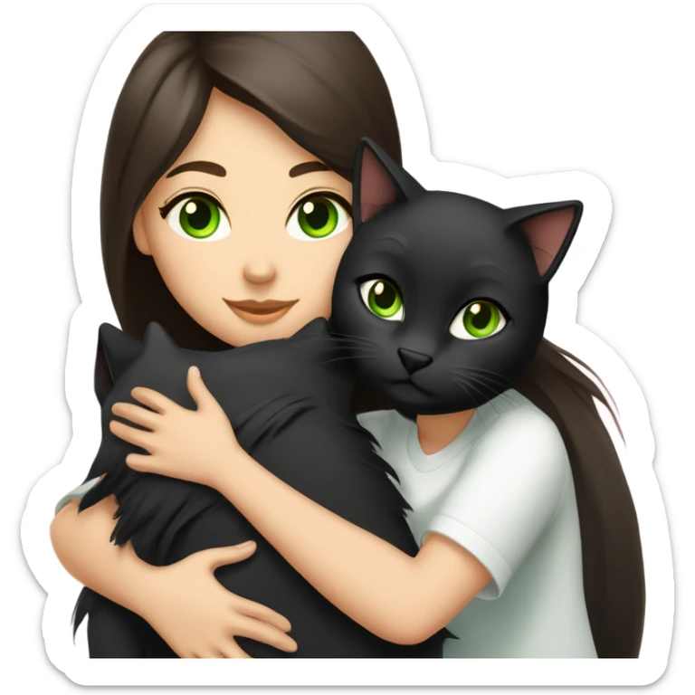 Girl with dark brown hair and fair skin hugging a black medium haired cat with green eyes sticker