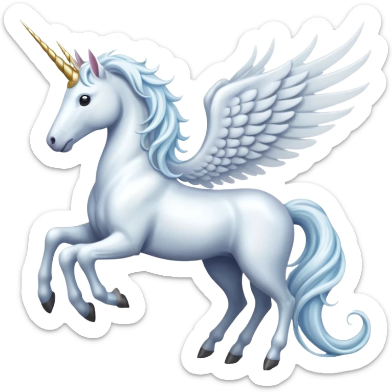 All white Cinematic Noble Unicorn with wings, slender with a flowing mane and tail and spiraled horn sticker