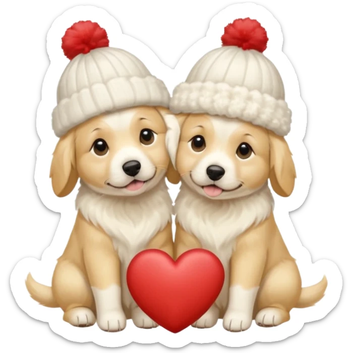 2 English cream golden retrievers cuddling with winter hats and heart in between them. Make them pale dogs . Less cartoon and no hands holding heart just a heart in between  sticker