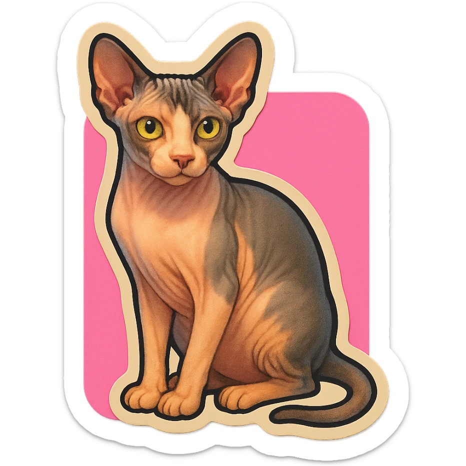 Canadian Sphynx cat with coloring as in the photo, sticker style, with a pink background sticker