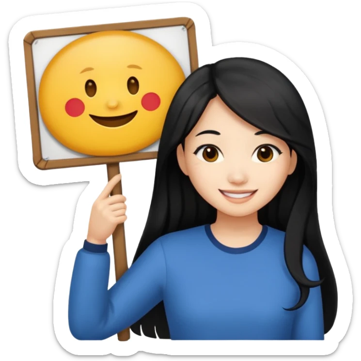 A dominatrix holding a large sign. Asian woman with long black hair sticker