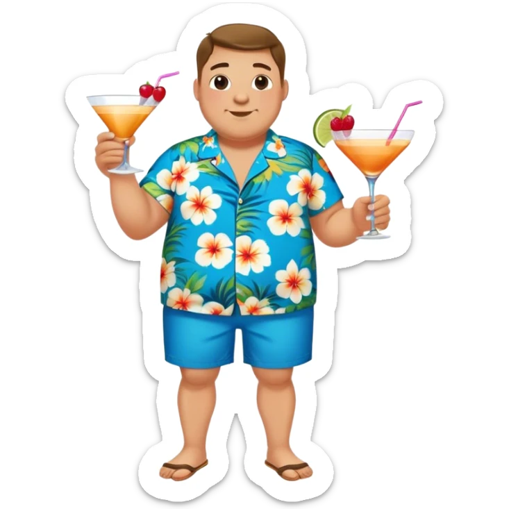 chubby guy full figure in a flowered azure havai shirt, brown shorts and flippers holding a cocktail sticker