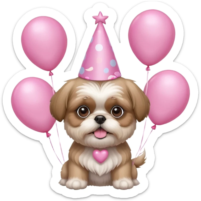 cute shih tzu hold a few cute pink balloons  with pink birthday hat sticker
