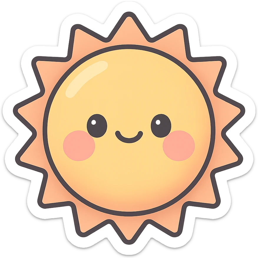 A series Sun of illustrations in a kawaii emoji style, with detailed shading and highlights, thin clean outlines, soft and rounded features. Pastel color palette using #98B5BC, #B5B3C1, #C9A3C9, #E4C0CA, #F7DCD1,#F7C0AA. The style is inspired by modern Japanese pop art and sticker aesthetics. Highly detailed, vector clarity, soft lighting and subtle shadows. Transparent background without background. sticker