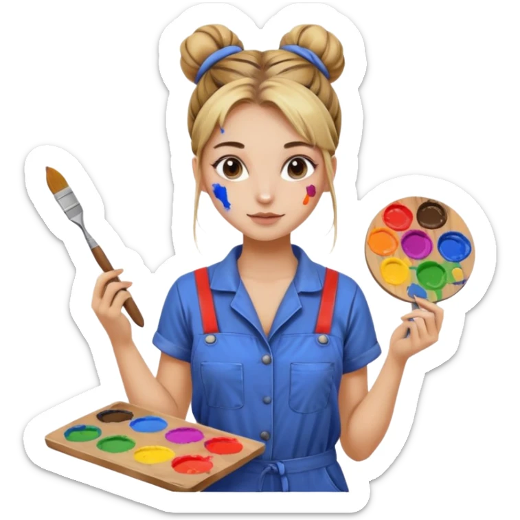 beautiful girl with a bun on her head in a jumpsuit with paint stains, holding a palette and a brush in her hands sticker
