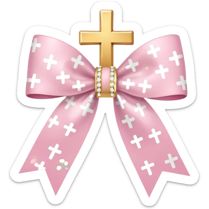 super pale pink bow confetti but the paper confetti are the pale pink bows all spread out with white tiny glitter and then with golden crosses on it and a white band in the mjddle sticker