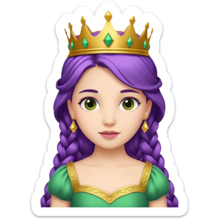 Princesses, with Gold Crown on purple braid hair, with green dress sticker