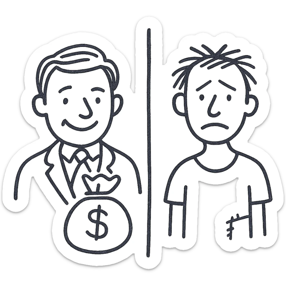 A rich person on the left and a poor person on the right, depicting inequality sticker