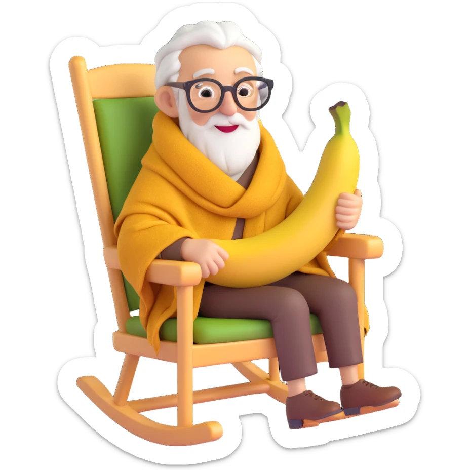 elderly banana sitting in a rocking chair, reading glasses, cozy shawl, warm expression, minimal background sticker