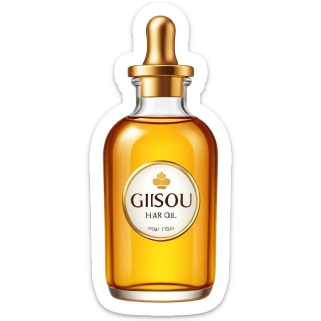Gisou hair oil bottle, elegant glass bottle with gold cap, honey-infused hair oil, beauty product sticker