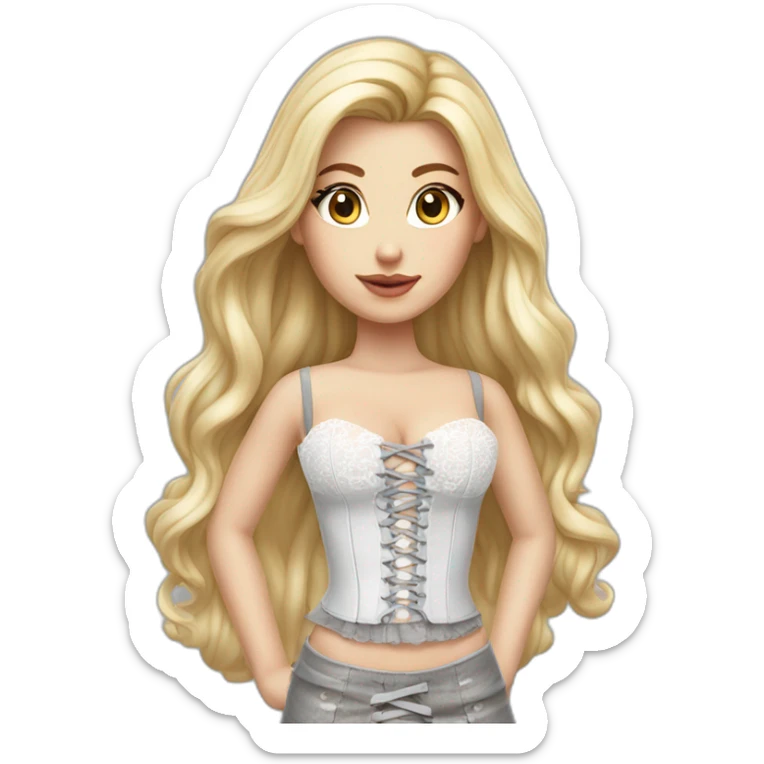 hyperrealistic caucasian female, long straight blonde hair, white lace-up bustier, grey tight mini skirt sticker