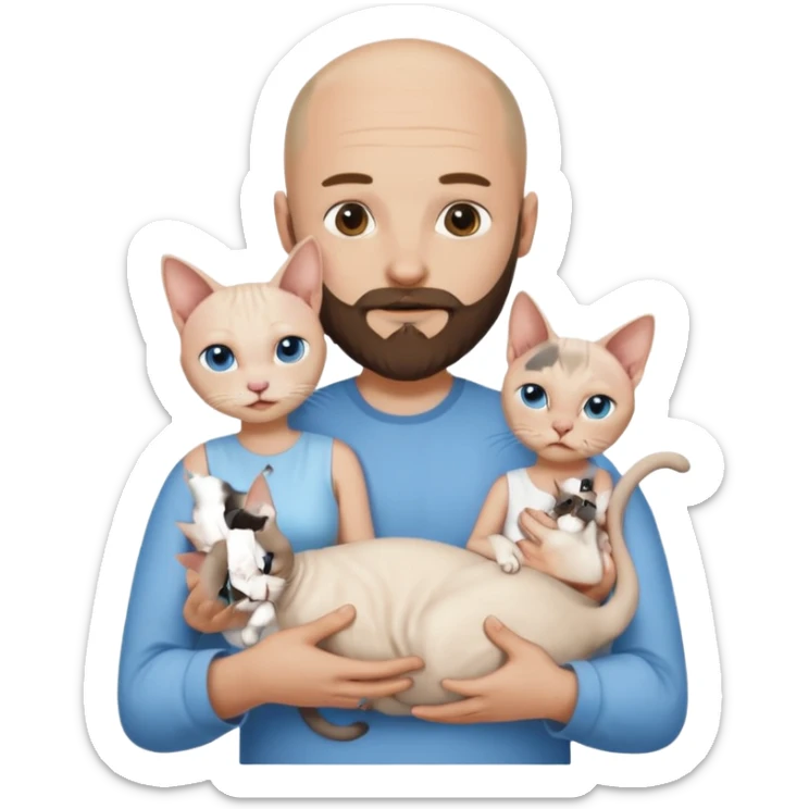 A couple, a man and a woman. The man, who is bald with a beard and wearing a blue shirt, is holding a Siamese cat in his arms. The woman, who has light hair and is wearing a white dress, is holding a white Sphynx cat in her arms sticker